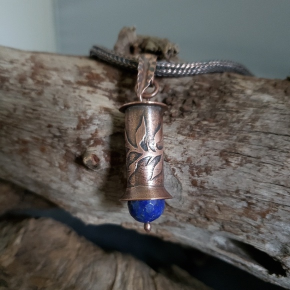 Handcrafted etched copper and Lapis pendant. - Picture 1 of 4